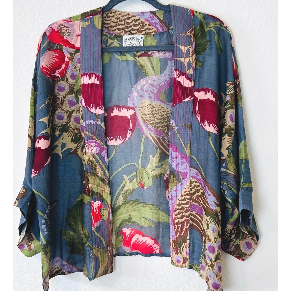 One Hundred Stars Boho Peacock Botanical Kimono Jacket Blue Viscose Modal OS